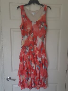 Sleeveless Coral Floral Ruffle Dress - White Label